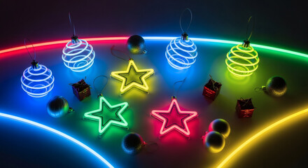 Vibrant display of illuminated holiday ornaments and glowing festive decorations arranged on a dark surface, creating a modern and colorful celebratory atmosphere.