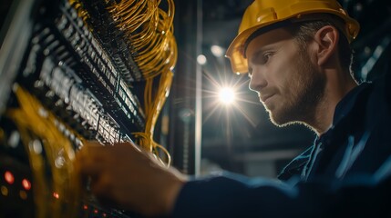 Network technician in yellow hardhat working with server cables in data center. Concept for system administration, network maintenance and hardware support