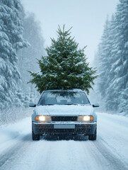 Car driving through snowy forest carrying christmas tree