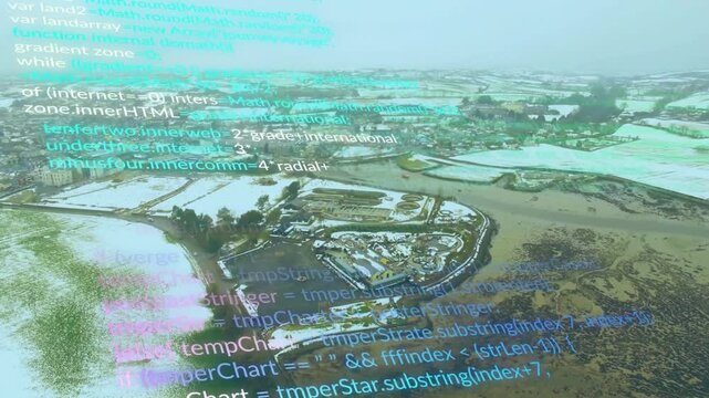 Incoming feed driving code overlay fading scrolling over peninsula while drone tilting showing data