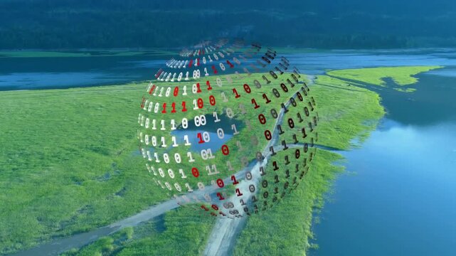 On drone flight binary globe emerging over marsh rotating scaling revealing digits for data overlay