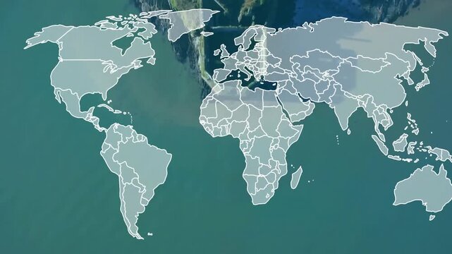 World map overlay drawing then sliding east while fading, revealing harbor coastline as camera pans