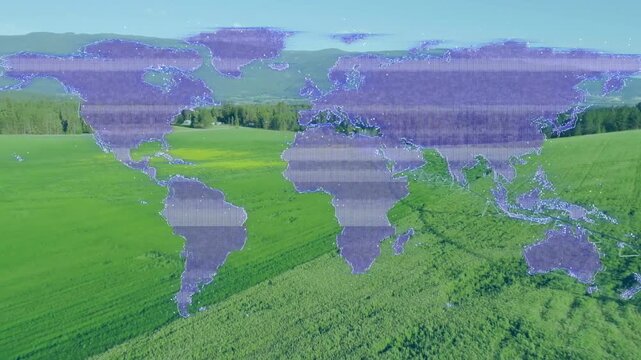 Camera starting forward sweep, purple world map overlay shifting and fading, revealing green fields