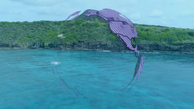 After camera hold, purple fragments appearing, orbiting, forming hologram globe, showing geography