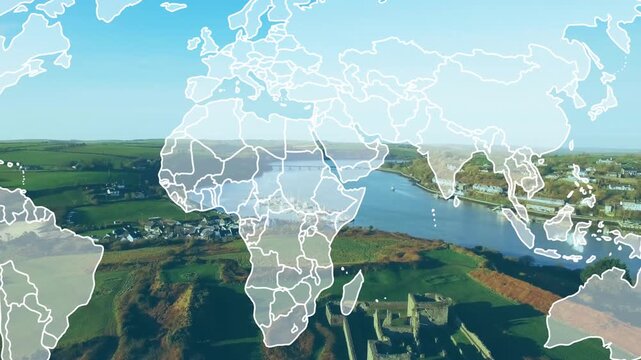 World map graphic appearing from left expanding to center on castle as camera panning, showing site