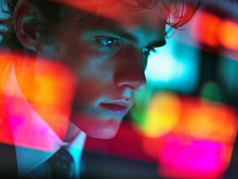 Close-up portrait of a young, serious financial analyst with colorful light reflections, concept for stock trading analysis, investment strategy and financial management
