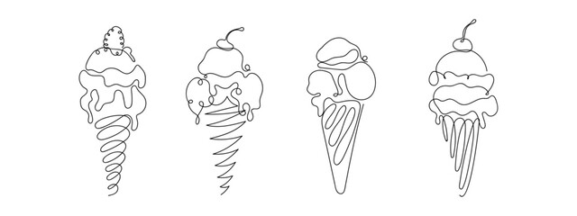A set of berry cone ice cream in one continuous line. Vector illustration, One line art, Line art graphic style Editable stroke.