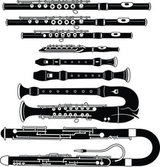 Black Silhouette Vector Set of Various Woodwind Instruments, Including Flutes, Clarinets, and Bassoons, Ideal for Orchestral Music, Educational, and Classical Concert Graphics