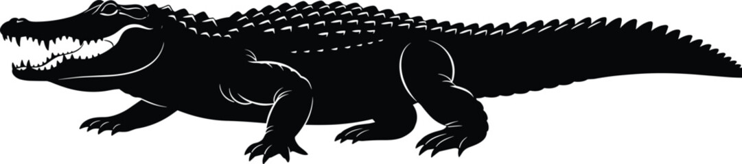Detailed Black Silhouette Vector Illustration of an Angry Alligator or Crocodile with Open Mouth and Sharp Teeth, Ideal for Wildlife, Danger, Swamp, and Mascot Design Graphics
