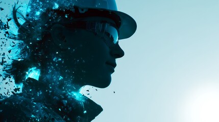 Silhouette portrait of a civil engineer wearing a helmet and safety glasses. Concept for construction innovation, structural engineering and industry solutions