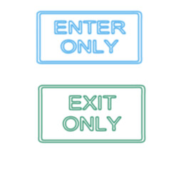 Blue enter only and green exit only signs illuminated with glowing text isolated on transparent background