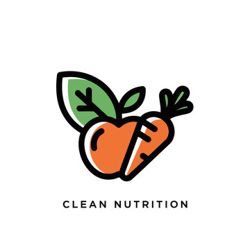 Clean nutrition logo featuring a heart shaped carrot and beet with leaves.
