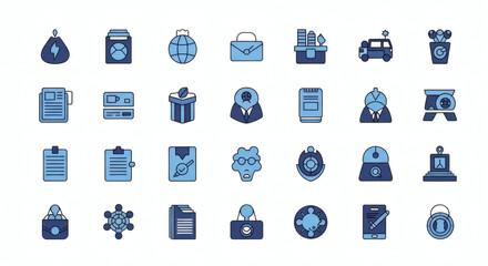A comprehensive collection of vector icons in blue tones, depicting themes of law, finance, security, justice, and business administration, ideal for digital design projects.