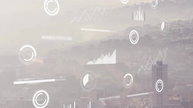 Data feed arriving data overlay appearing pulsing, drawing charts to visualize city data over haze - Powered by Adobe
