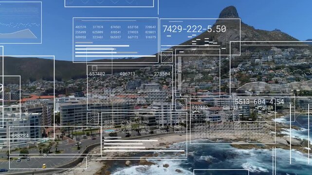 UI starting overlays, highlighting buildings and peak while drone drifting onward for mapping