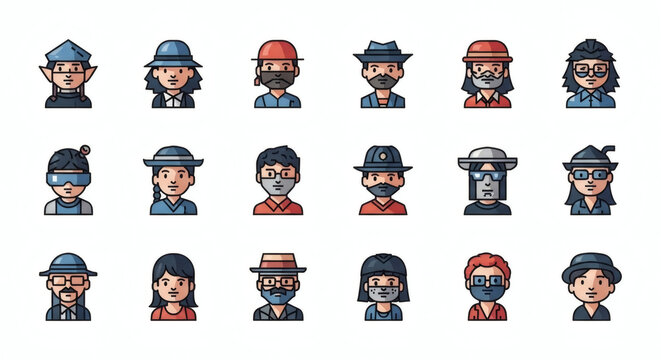 A varied set of illustrated character portraits, showcasing diverse individuals with unique styles, hats, and facial features, ideal for digital profiles.