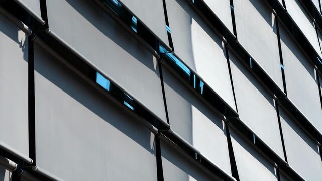 Close medium view of dynamic kinetic facade panels in motion creating adaptive shading patterns that respond to environmental changes with sleek architectural aesthetics.