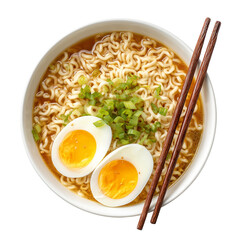 Delicious noodle bowl with eggs and chopsticks for a tasty meal time isolated on transprint background
