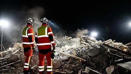 Rescue team with headlamps searching through rubble of a collapsed building at night