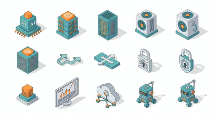 Comprehensive Isometric Icon Set Illustrating Advanced Technology Concepts Artificial Intelligence, Data Analytics, Cloud Infrastructure, and Digital Security