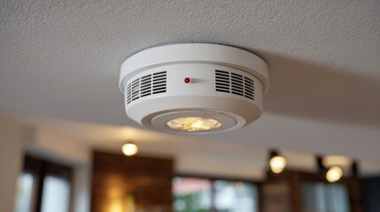 A white smoke detector mounted on a ceiling in a modern interior, featuring a red indicator light.