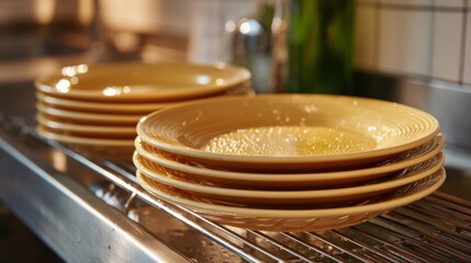 Fototapeta premium Clean yellow plates drying on a rack in a sunny kitchen, showcasing a cozy and inviting atmosphere.