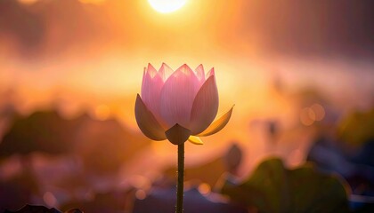 A beautiful pink lotus flower blooms in the soft light of a sunset, creating a serene and peaceful scene.