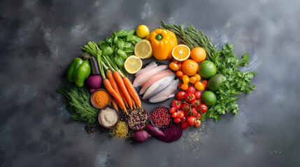 Colorful Octagon: A Geometric Arrangement of Fresh Produce on Gray Background