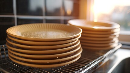 Warm morning light illuminates a stack of clean, tan plates, resting neatly in a drying rack by the window.