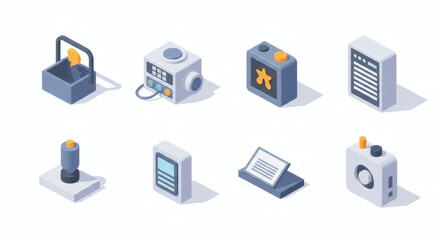 Isometric Digital Technology Devices Vector Collection Modern Electronic Gadgets, Industrial Control Units, Communication Tools, and Data Processing Equipment for Contemporary Design Projects.