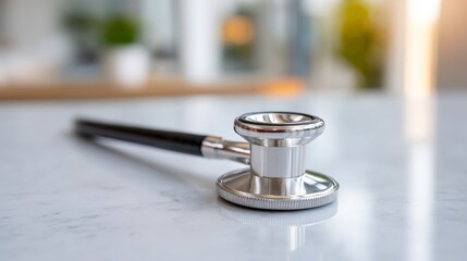 Close-up of a silver stethoscope resting on a marble surface, symbolizing healthcare and medical professions.