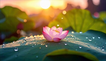 Close-up of a pink lotus flower with water droplets on a green leaf, with a soft sunset background.