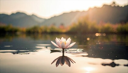 A beautiful lotus flower floats on a calm lake, its reflection mirroring in the water, with a blurred background of mountains and trees, bathed in warm sunlight