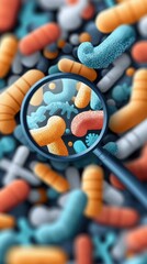 Close-up illustration of a magnifying glass examining various bacteria and microbes, showcasing scientific and medical concepts.