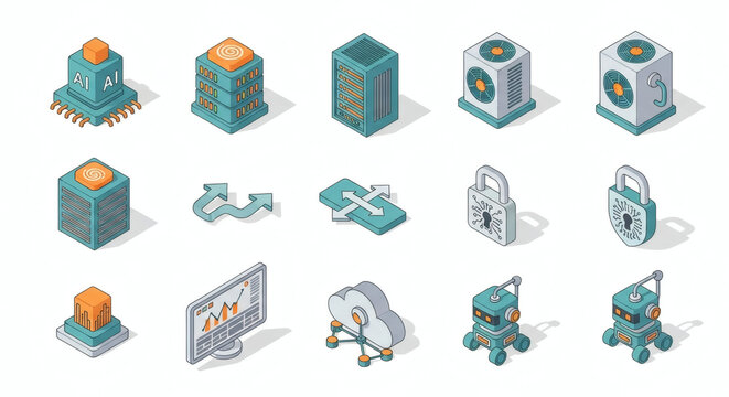 Comprehensive Isometric Icon Set Illustrating Advanced Technology Concepts Artificial Intelligence, Data Analytics, Cloud Infrastructure, and Digital Security