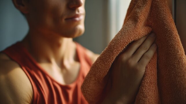 A young Caucasian man in an orange tank top holds a soft towel, reflecting on his day with a contemplative expression.