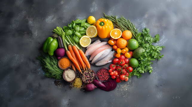 Colorful Octagon: A Geometric Arrangement of Fresh Produce on Gray Background
