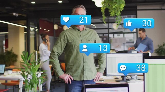 Presenter standing frame1 starting blue notifs, counts rising over face or torso, showing social rea