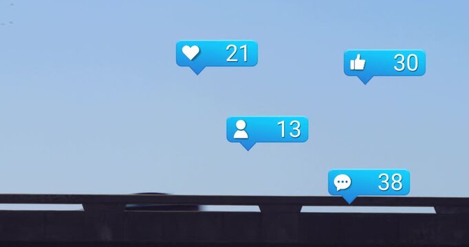 Blue social bubbles growing above bridge, vehicles passing raising counters and showing engagement