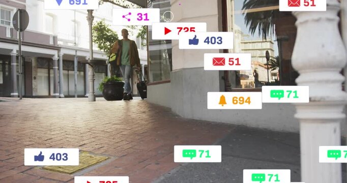 Traveler walking brick path past shop, nearing corner and creating social badges showing crowding
