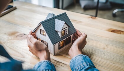 Protecting Your Home Hands Gently Embrace a Miniature House Model on a Wooden Table
