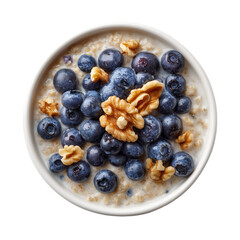Delicious oatmeal breakfast bowl with fresh blueberries and walnuts top isolated on transprint background