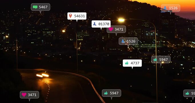 Sunset fading, cars moving on curved road, badges appearing, multiplying, showing social activity