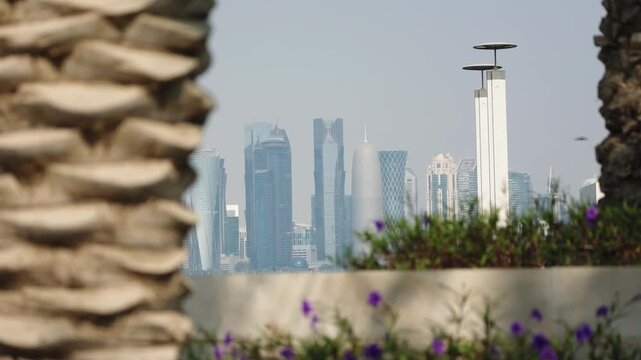 Side shot Doha city skyline with skycrapers