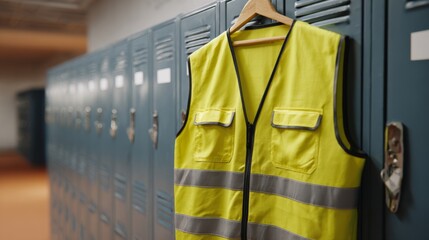 A bright yellow safety vest hangs on a locker, emphasizing workplace safety protocols in an industrial setting.