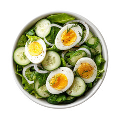 Fresh salad with eggs cucumber and onion in bowl healthy food concept isolated on transprint background