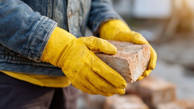 A male laborer in yellow gloves carefully holds a brick, showcasing dedication and hard work in construction.
