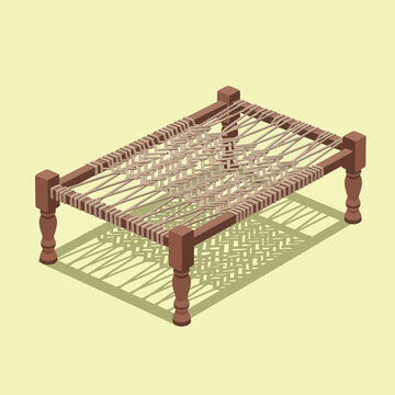 Minimalist Illustration of Traditional Charpai Bed with Isometric Perspective
