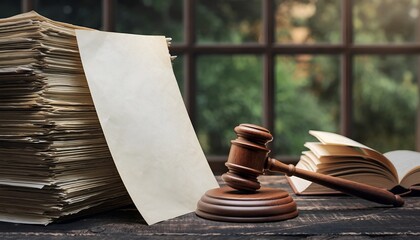 Gavel on Desk With Stack of Papers Beside Open Book and Window View