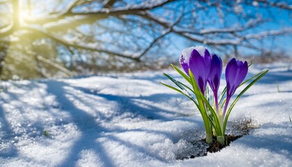 Obraz premium Purple Crocuses Breaking through the Snow on a Bright Winter Day in Nature